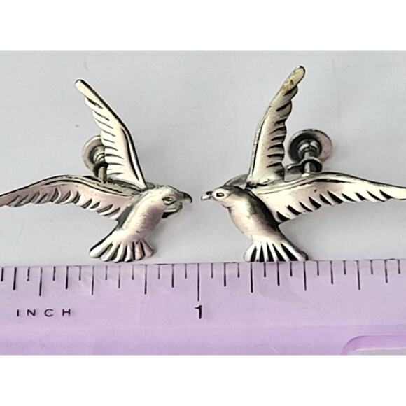 Signed BEAU Sterling Silver Seagull Bird Earrings Screw On Vintage - Picture 3 of 5